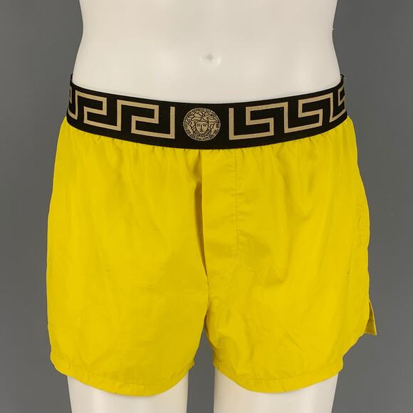 VERSACE Size M Yellow Black Gold Nylon Elastic Waistband Swim Trunks - Picture 1 of 5